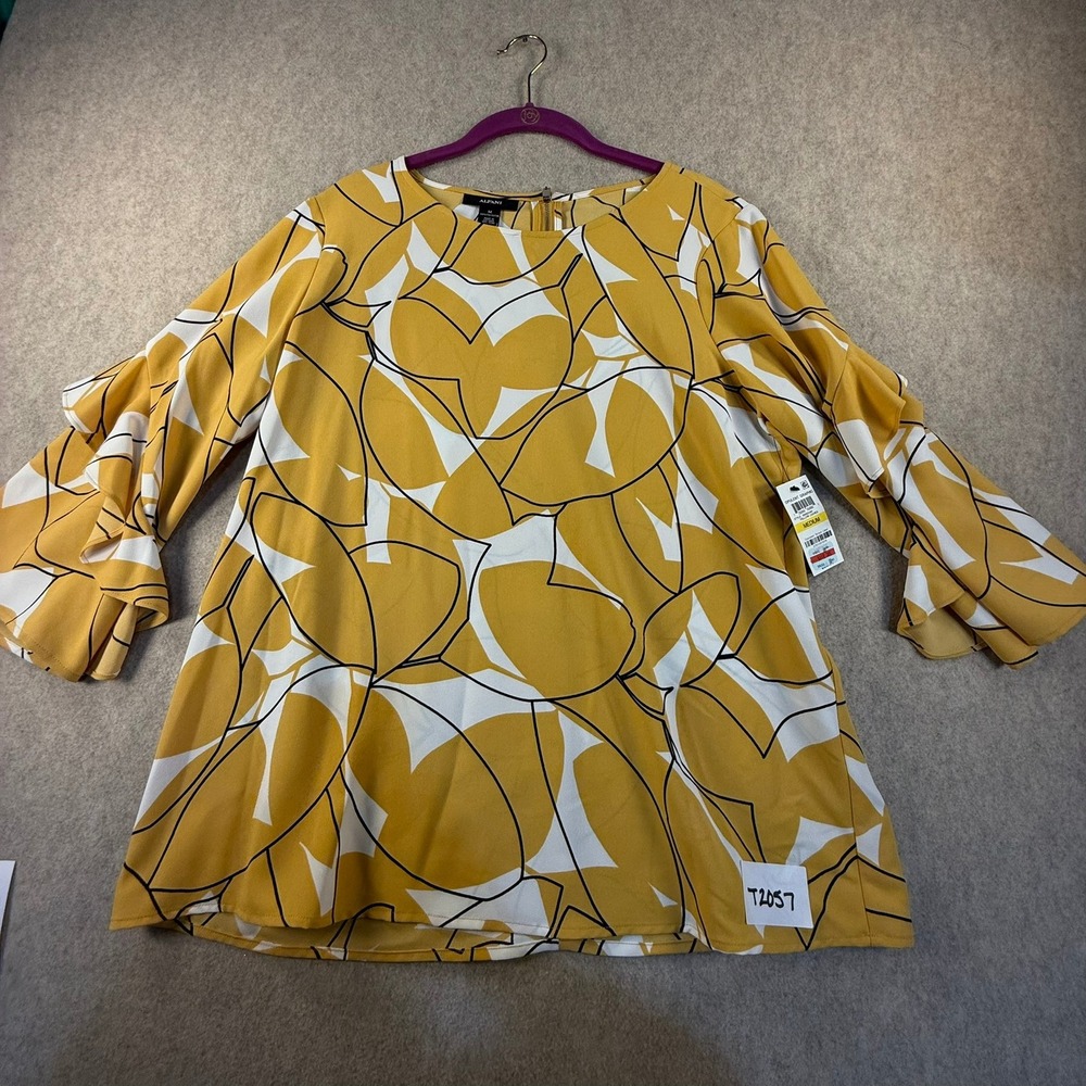 Alfani Womens Yellow Leaves Opulent Graphic Ruffle Sleeve Blouse Medium NWT Y2K